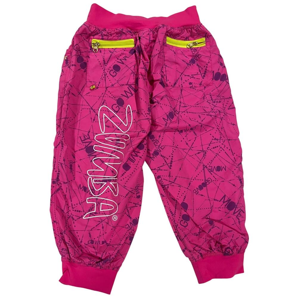 Zumba Fitness Womens Large Lovely Pink Dance Cargo Pants Yellow Zippers Graphic